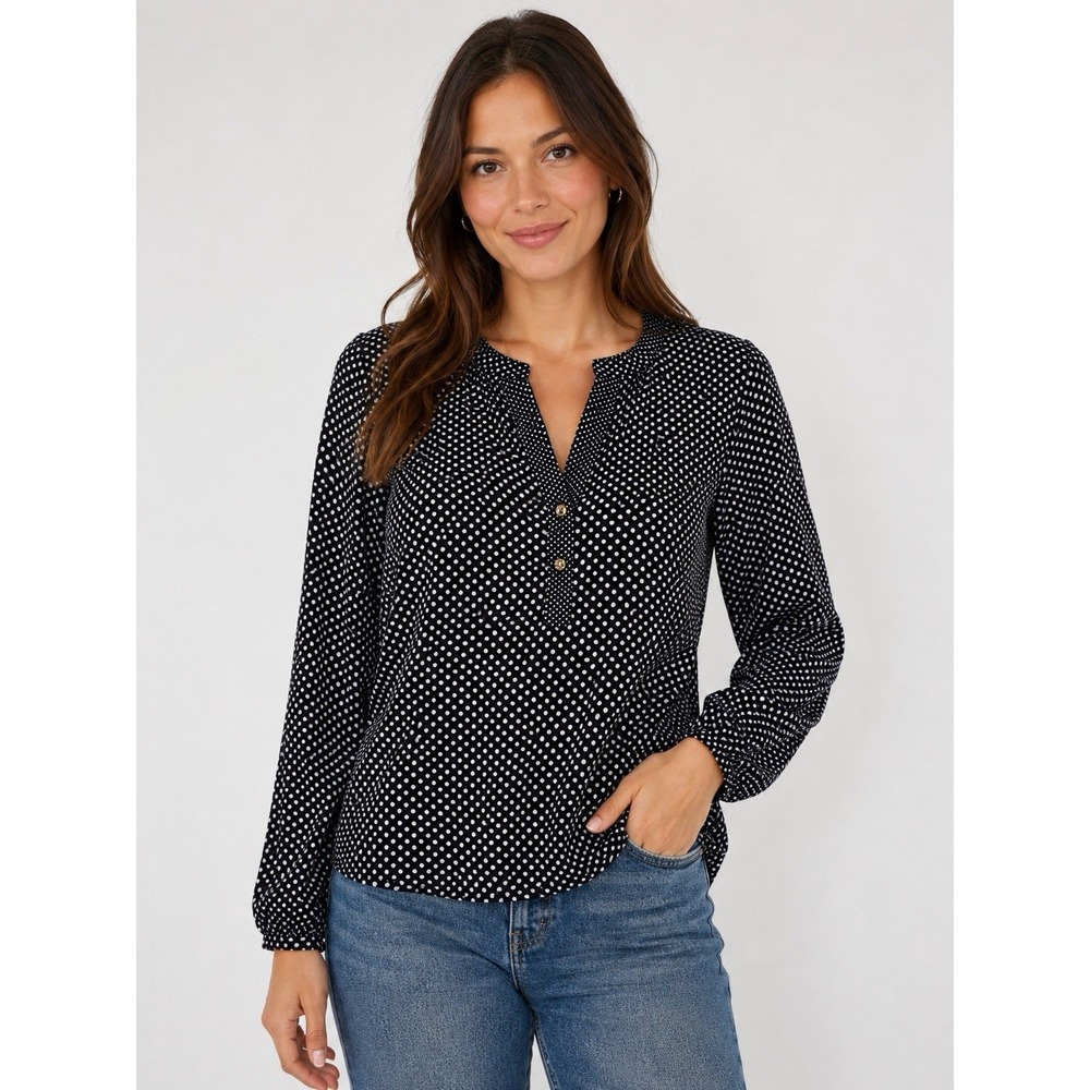 Belle Du Jour Size L Womens Multicolor Polka Dot V-Neck Long Sleeve‎ Top
